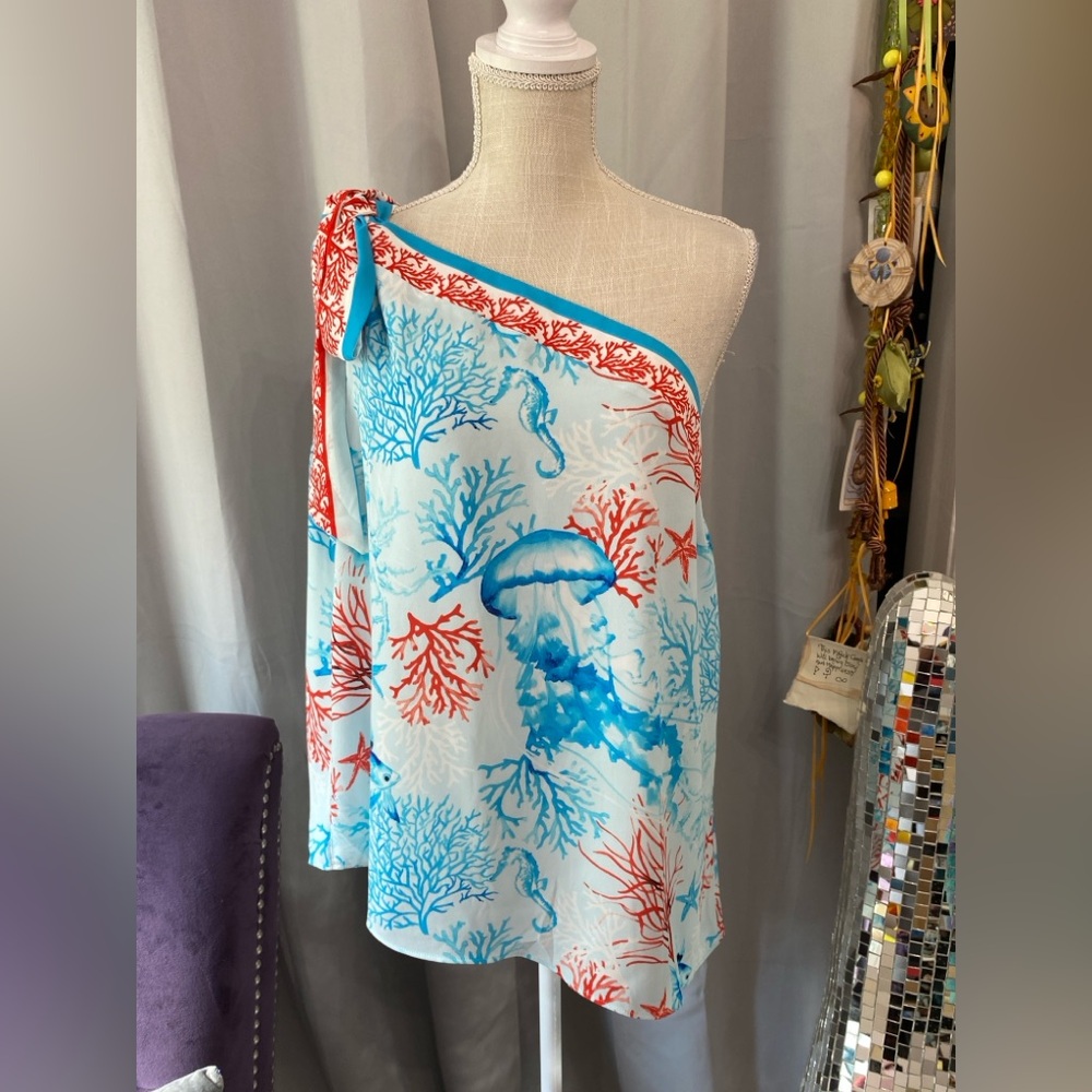 WHBM XL ONE TIE SHOULDER BLOUSE RED CORAL BLUE JELLYFISH FISH TROPICAL